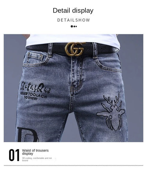 Slim Fit Korean Streetwear Graphical Printed Luxury Hip-Hop Stretch Denim Jeans for Men - Perfect Medium Wash Jeans Outfit